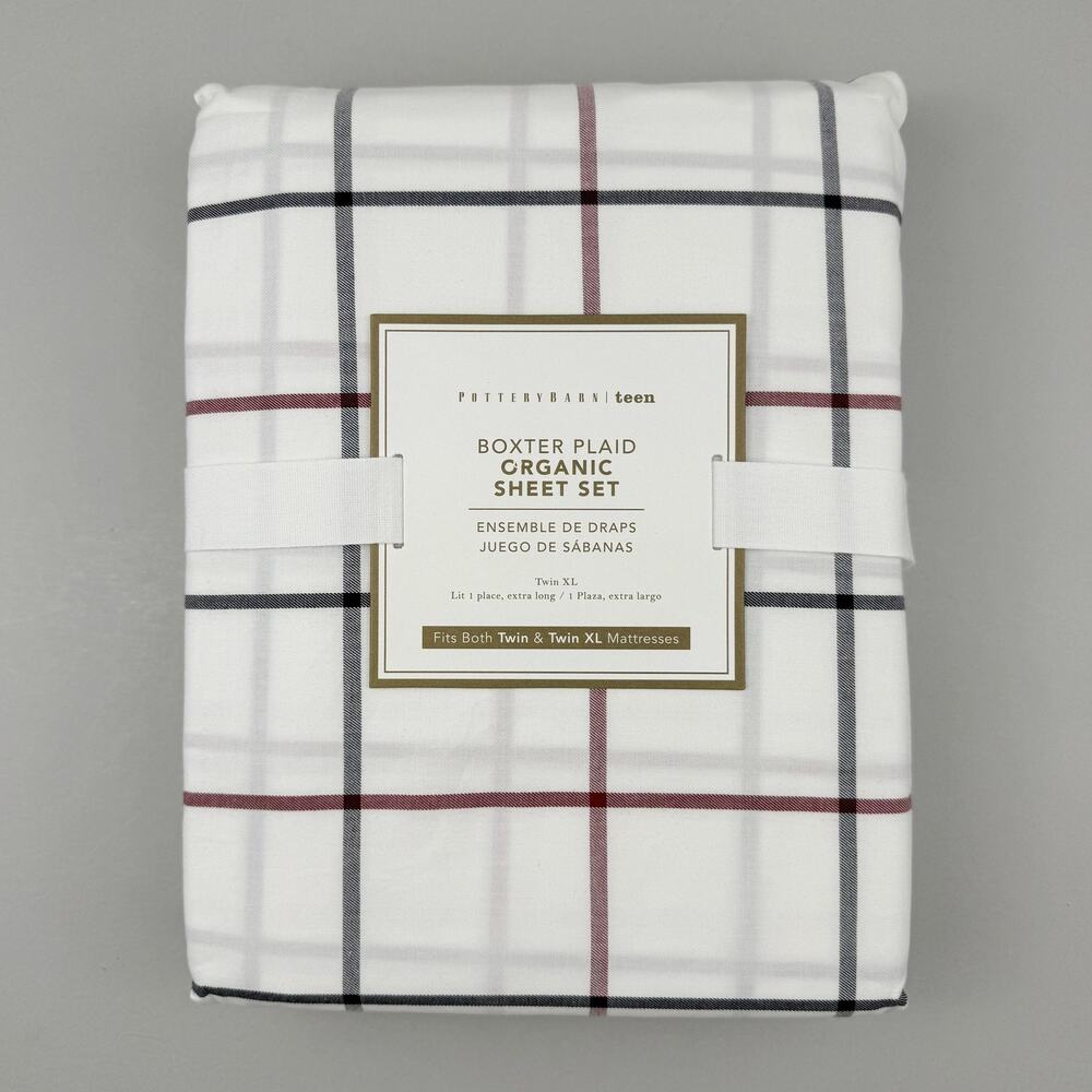 Pottery Barn Teen Sheet Set TWIN Boxter Plaid Organic Cotton White Blue Red NEW